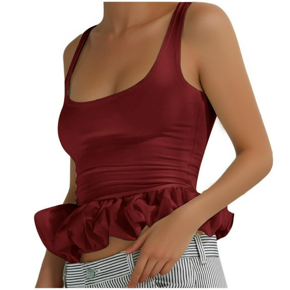 Hvot&aat 3D Ruffle Hem Tank Tops for Women Slim Fitted U Neck Sleeve Crop Top Cute Going Out Camisole Tshirts