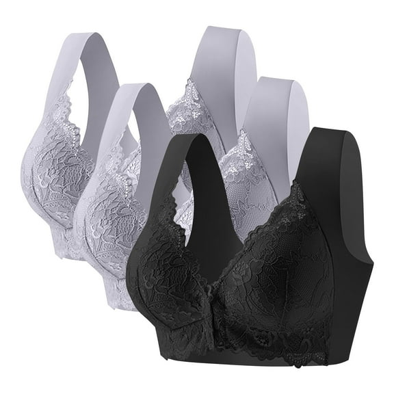 Hvot&aat 3PC Women Lace Patchwork Bra Front Closure Wireless Underwear Wide Shoulder Straps Everyday Underwear