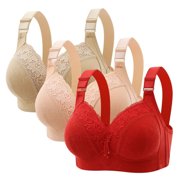 Hvot&aat 3PC Women's No Underwire Lace Gather Bra Embroidered Full Coverage Breathable Mesh Nursing Underwear