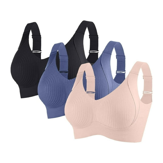 Hvot&aat 3PC Womens Wireless Sports Bras Solid Color Comfortable Ribbed Breathable Supportive Adjustable Everyday Brassiere