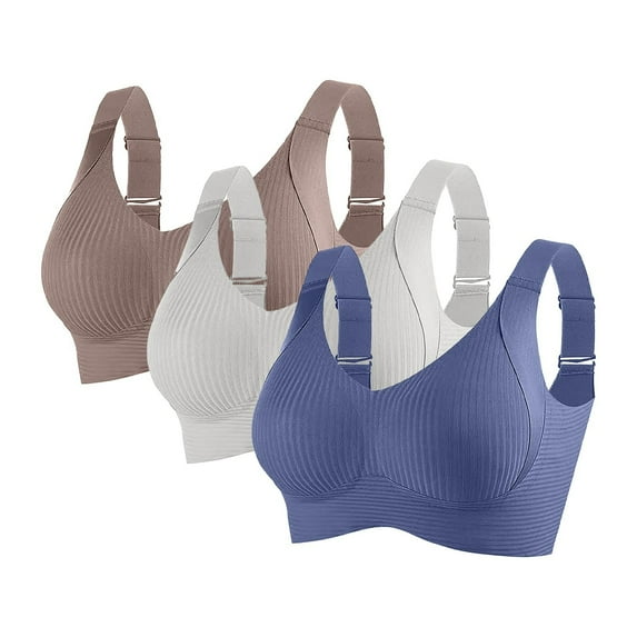 Hvot&aat 3PC Womens Wireless Sports Bras Solid Color Comfortable Ribbed Breathable Supportive Adjustable Everyday Brassiere