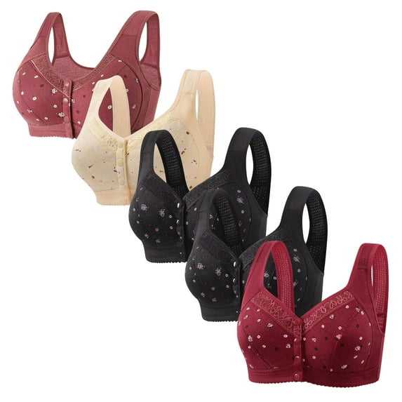 Hvot&aat 4PC Women Older Bras Comfortable Front Closure Button Wide Straps Underwear Push Up Print Lace Bralette
