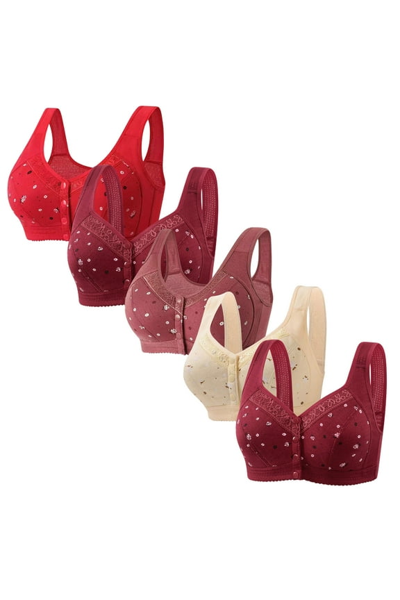 4PC Women Older Bras Comfortable Front Closure Button Wide Straps Underwear Push Up Print Lace Bralette
