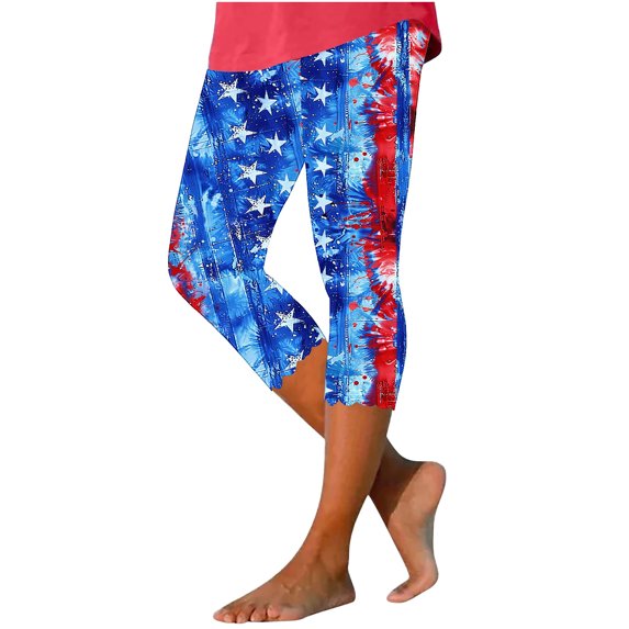 Hvot&aat 4th of July Capri Leggings for Women Plus Size Knee Length Beach Pants Soft Workout Tights Pants