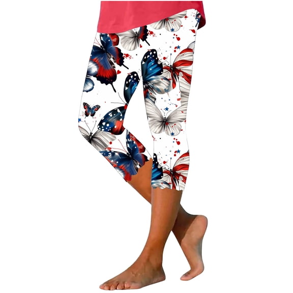 Hvot&aat 4th of July Capri Leggings for Women Plus Size Knee Length Beach Pants Soft Workout Tights Pants