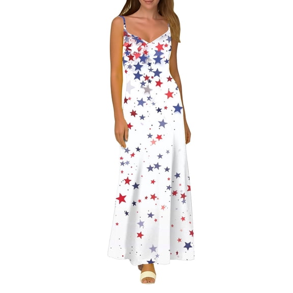 Hvot&aat 4th of July Dress for Women Stars Stripes Printed Independence Day Sleeveless Maxi Dress Casual Long Dresses