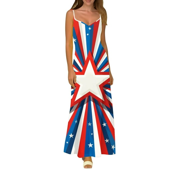 Hvot&aat 4th of July Dress for Women Stars Stripes Printed Independence Day Sleeveless Maxi Dress Casual Long Dresses