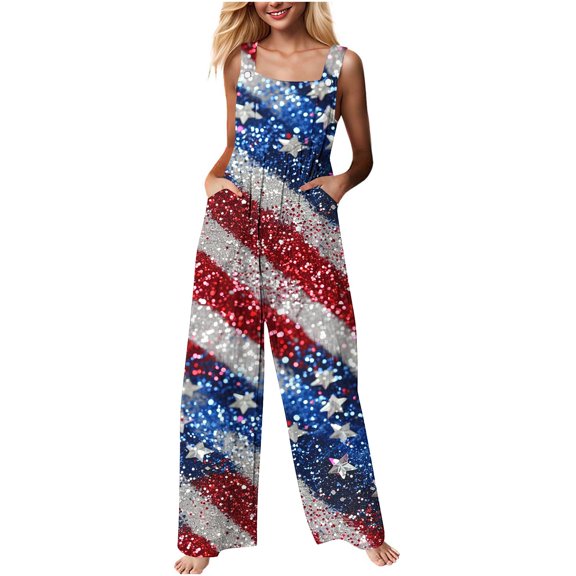 Hvot&aat 4th of July Romper For Women Independence Day Print Loose Buttoned Jumpsuit American Flag Wide Leg Overall with Pockets