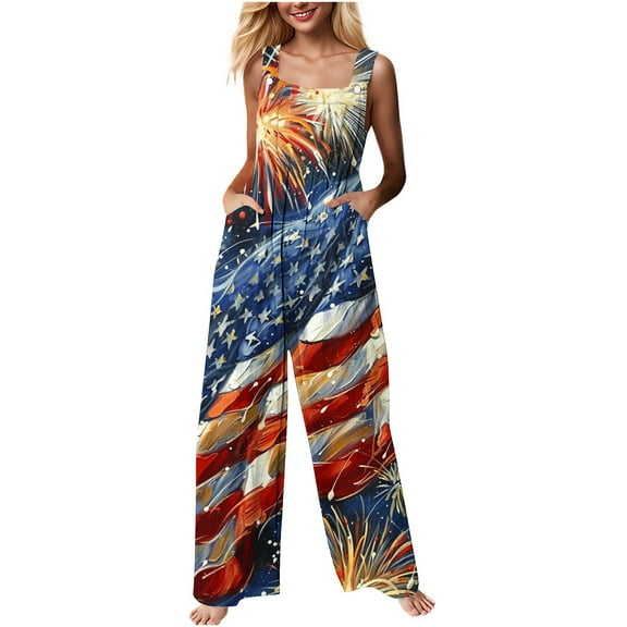 Hvot&aat 4th of July Romper For Women Independence Day Print Loose Buttoned Jumpsuit American Flag Wide Leg Overall with Pockets