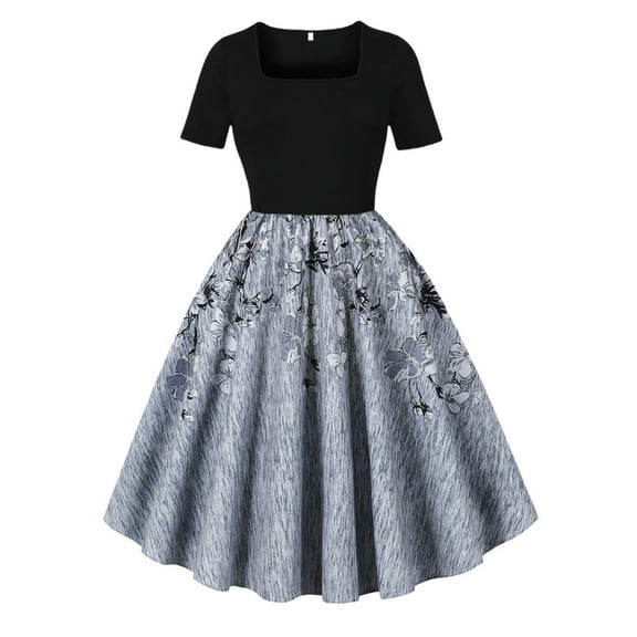 Hvot&aat 50s Style Dresses for Women Vintage Short Puff Sleeve Square Neck Swing Dress Cocktail Prom Dress