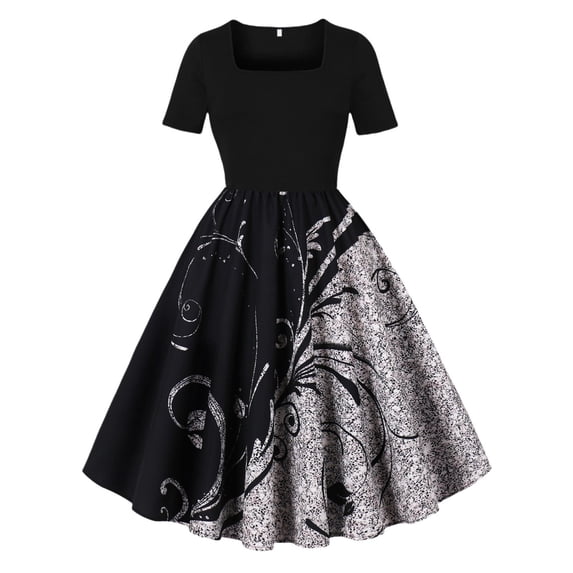 Hvot&aat 50s Style Dresses for Women Vintage Short Puff Sleeve Square Neck Swing Dress Cocktail Prom Dress