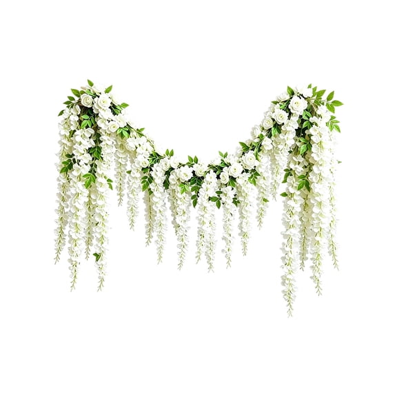Hvot&aat 98.43 Inch White Artificial Wisteria Rose Swag Arch Garland Waterproof Hanging Floral Vine with Zip Ties for Wedding Backdrop Balcony Railing Ceiling Decor