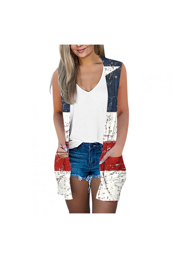 American Flag Print Cardigans July 4th USA Stars & Stripes Patriotic Sleeveless Cardigan Lightweight