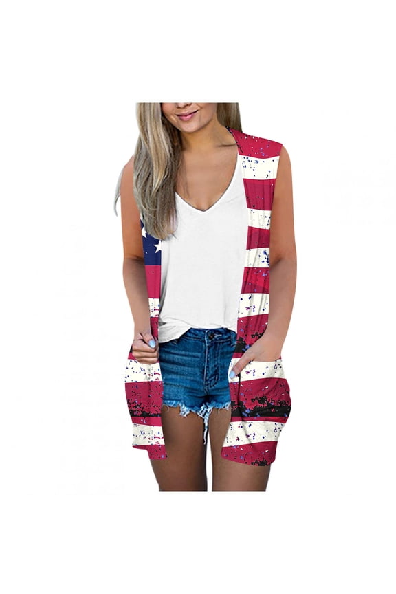 American Flag Print Cardigans July 4th USA Stars & Stripes Patriotic Sleeveless Cardigan Lightweight