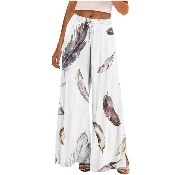 Hvot&aat Boho Pants for Women Floral Print Wide Leg Pants Elastic Waist Drawstring Summer Beach Baggy Trousers
