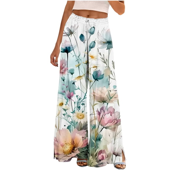 Hvot&aat Boho Pants for Women Floral Print Wide Leg Pants Elastic Waist Drawstring Summer Beach Baggy Trousers