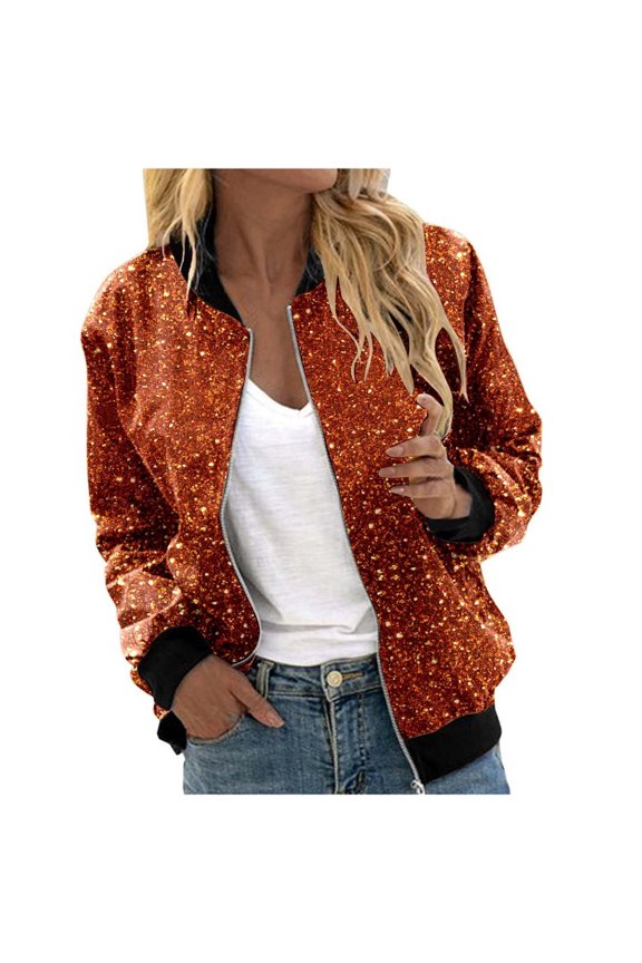 Bomber Jacket Women Sequin Print Long Sleeve Open Front Zipper Cardigan Casual Vintage Baseball Jacket