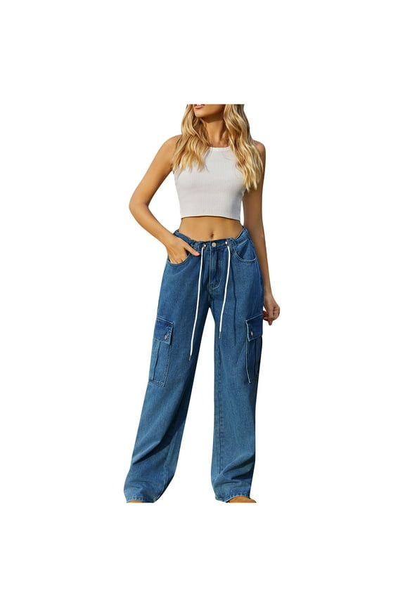 Cargo Jeans for Women High Waist Y2K Boyfriend Casual Loose Wide Leg Drawstring Streetwear Denim Pants with Pockets
