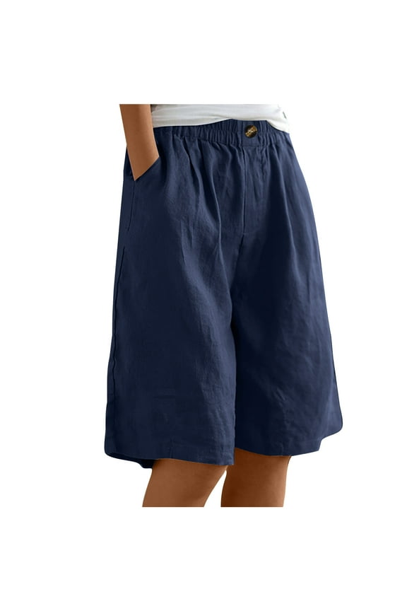 Casual Cotton Linen Shorts for Women 2025 Summer Elastic Waist Loose Beach Vacation Bermuda Shorts with Pockets