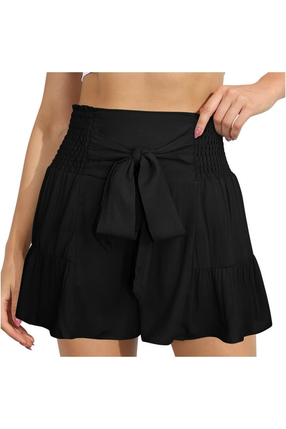 Casual Wide Leg Shorts for Women 2025 Summer Elastic Waist Loose Tiered Beach Vacation Shorts with Belt