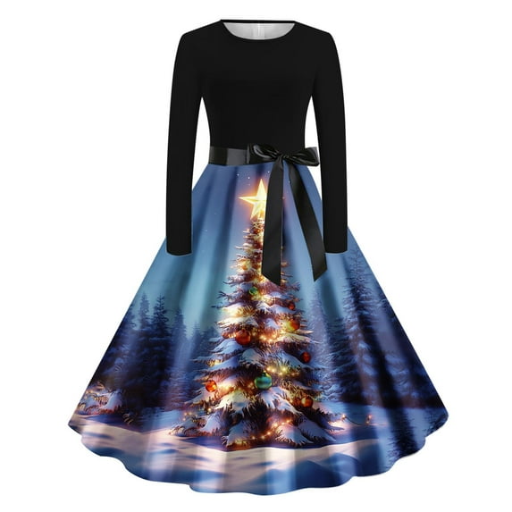 Hvot&aat Christmas Dresses for Women Long Sleeve Funny Xmas Printed Dress Vintage Crewneck Christmas Holiday Party Dresses