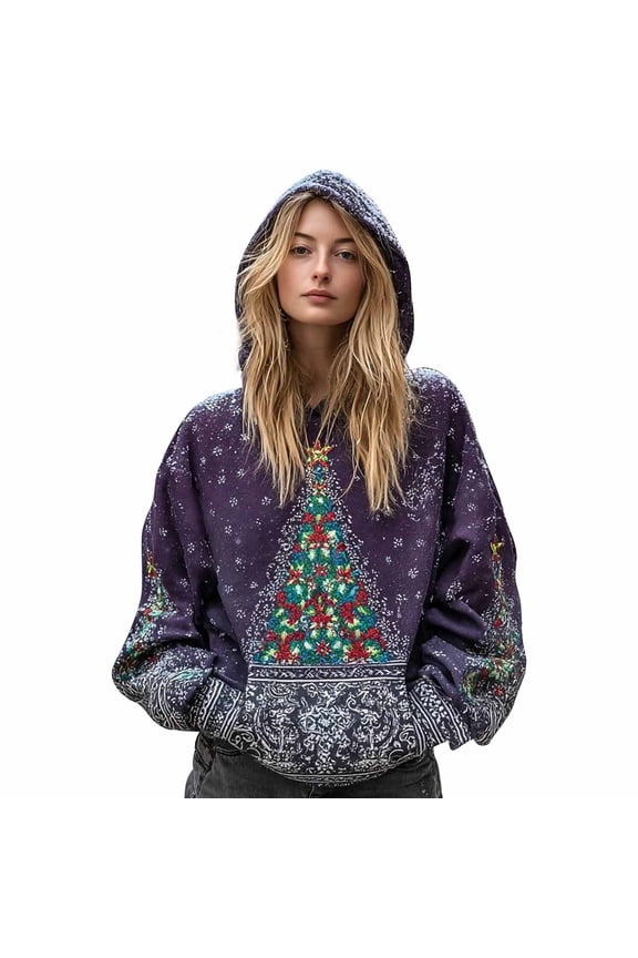 Christmas Hoodies for Women Christmas Tree Graphic Slim Fit Sweatshirts Vacation Casual Long Sleeve Pullover Hoodie