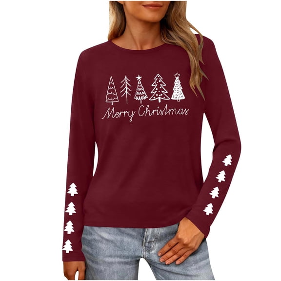 Hvot&aat Christmas Shirts for Women Merry Christmas Printed Pullover T-Shirt Crewneck Long Sleeve Vacation Tunics Tops