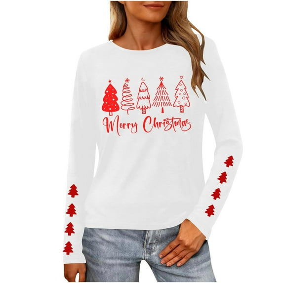 Hvot&aat Christmas Shirts for Women Merry Christmas Printed Pullover T-Shirt Crewneck Long Sleeve Vacation Tunics Tops