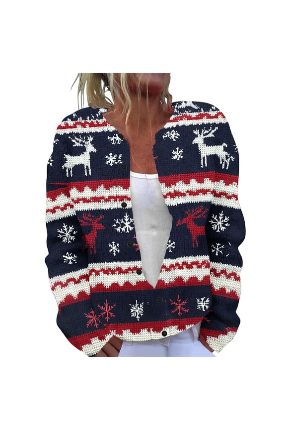 Christmas Sweaters For Women Open Front Crochet Button Down Long Sleeve Cardigan Santa Snowflake Printed Coat