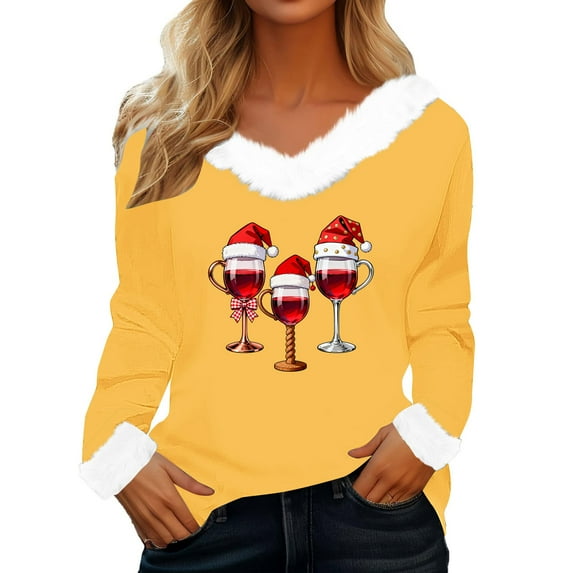 Hvot&aat Christmas Sweaters for Women Faux Fur Trim Long Sleeve V Neck Sweatshirts Santa Claus Cocktail Funny Holiday Tunic Tops