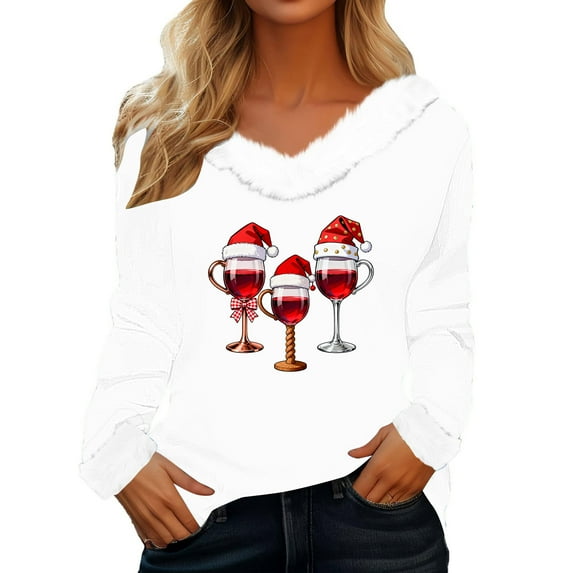 Hvot&aat Christmas Sweaters for Women Faux Fur Trim Long Sleeve V Neck Sweatshirts Santa Claus Cocktail Funny Holiday Tunic Tops