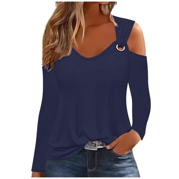Hvot&aat Cold Shoulder Blouse for Womens Hollow Out Eyelet V Neck Pullover Long Sleeve Shirts Solid Color Cut Out Tunic Tops