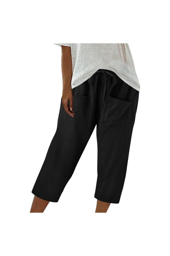 Cotton Casual Capri for Women Beach Straight Wide Leg Cropped Trousers Elastic Waist Solid Color Casual Pants