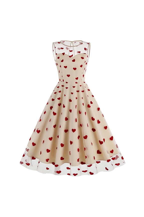 Cute Hearts Embroidered Cocktail Dress for Women Mesh Patchwork Sleeveless A-Line Vintage 1950s Swing Party Dresses