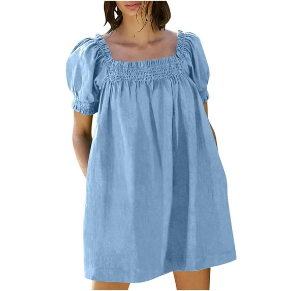 Hvot&aat Cute Linen Babydoll Dress for Women Pff Sleeve Square Neck Casual Summer A-Line Short Beach Dresses with Pockets