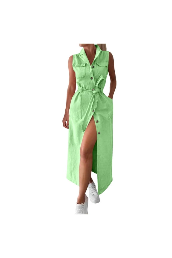 Denim Lapel Blazer Maxi Dress for Women V Neck Button Tie Waist Slit Denim Shirt Dress Solid Color Sleeveless Dress