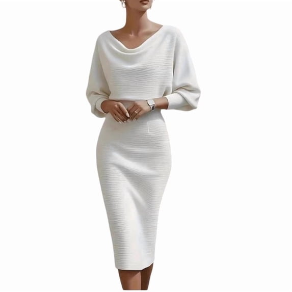 Hvot&aat Elegant Bodycon Dress for Women Drop Neck Batwing Slim Fit Pencil Dresses Solid Color Ribbed Office Formal Evening Gown