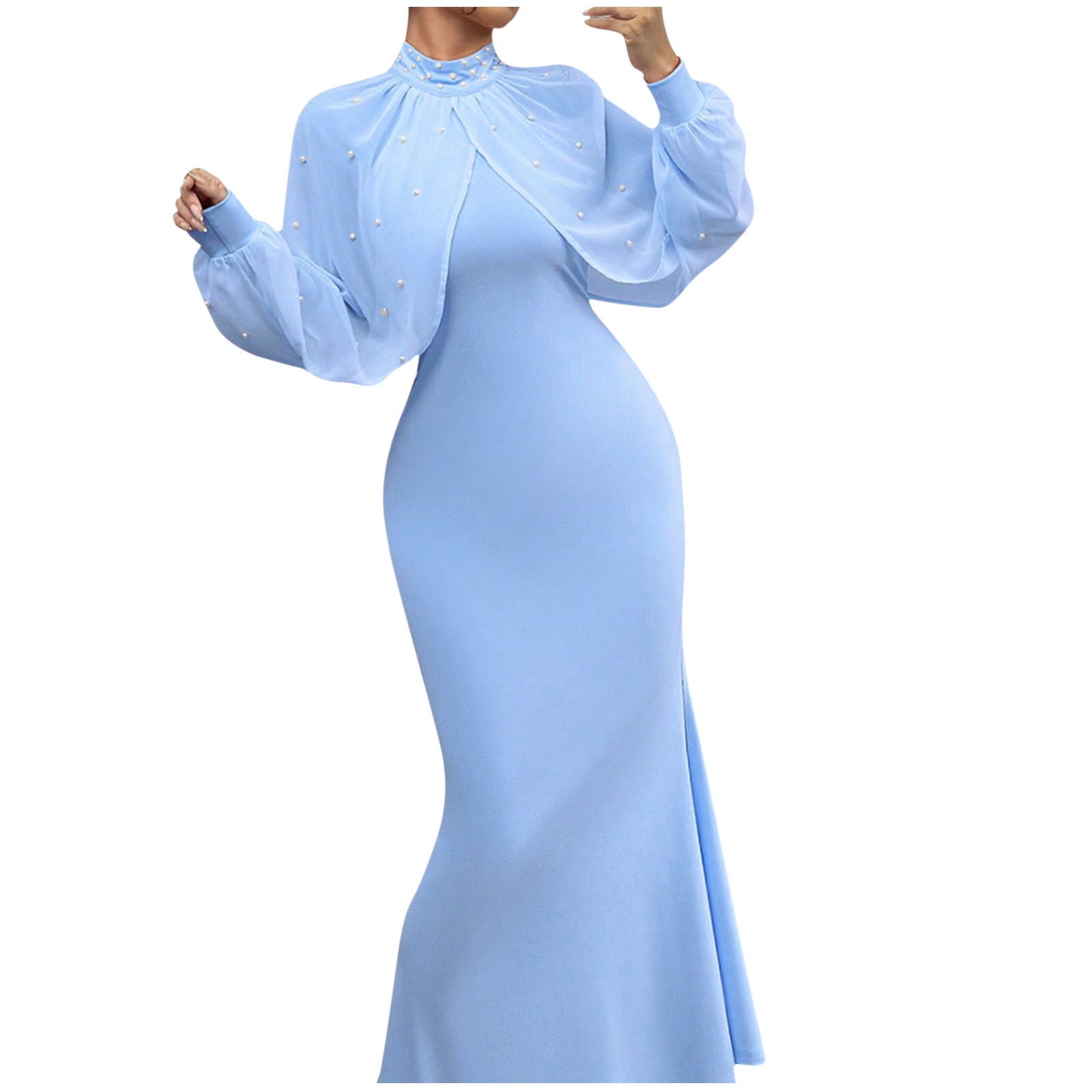cape sleeve bodycon dress Blue Cape Dress Women's Mock Neck Bodycon Mini - Elegant Sheer Sleeve  Cocktail Party Gown for Formal Evening & Wedding Guest main image 1