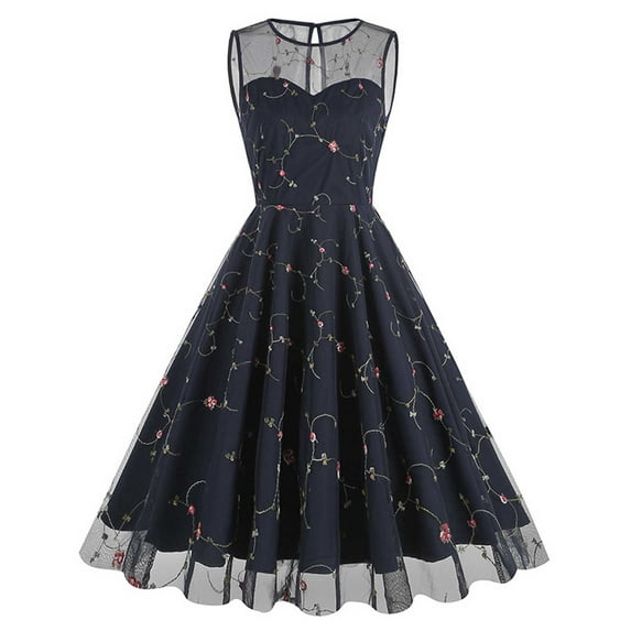 Hvot&aat Elegant Embroidered Cocktail Dress for Women Mesh Patchwork Sleeveless A-Line Vintage 1950s Swing Party Dresses