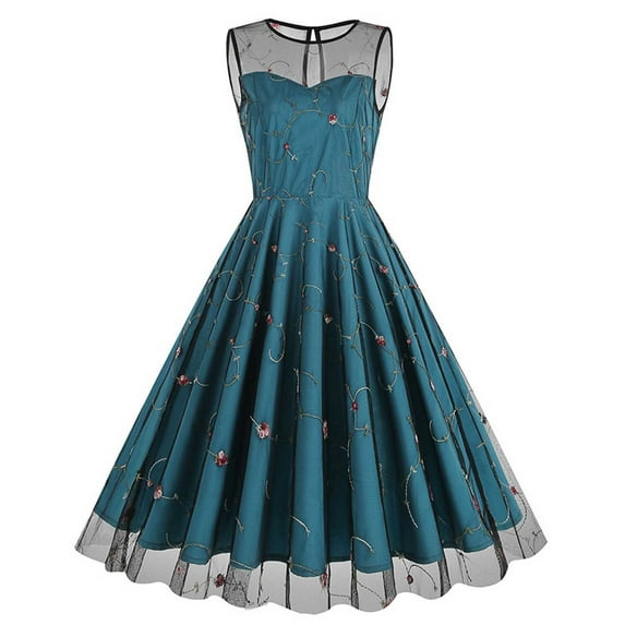 Hvot&aat Elegant Embroidered Cocktail Dress for Women Mesh Patchwork Sleeveless A-Line Vintage 1950s Swing Party Dresses