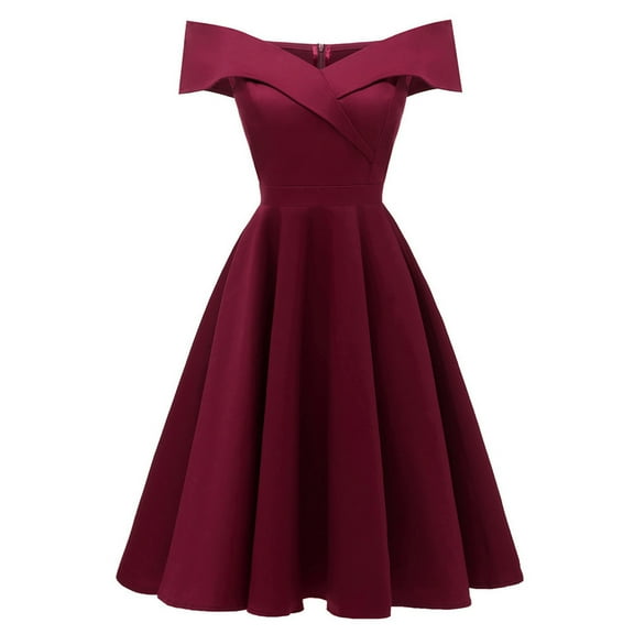 Hvot&aat Elegant Off the Shoulder Cocktail Dress for Women High Waisted A-Line Vintage 1950s Swing Party Midi Dresses