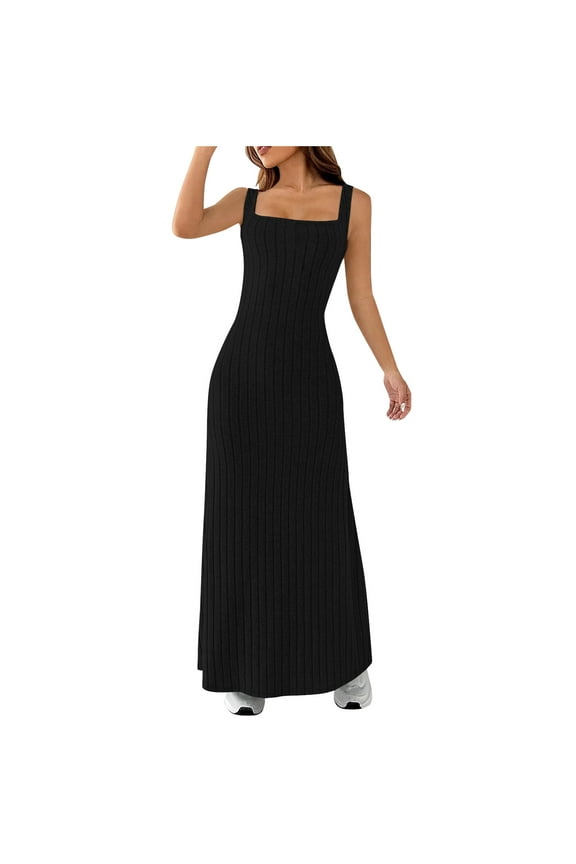 Elegant Ribbed Knit Maxi Dress for Women Slim Fitted Square Neck Sleeveless Bodycon Casual Vacation Stripe Solid Dress