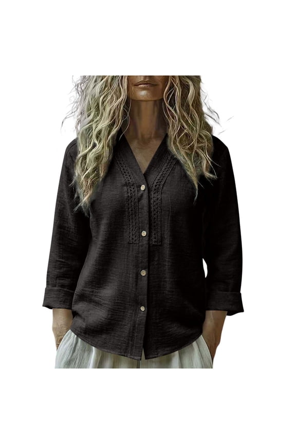 Ethnic Style Cotton Linen Tops for Women Long Sleeve V Neck Button Lightweight Boho Tunic Blouses Spring Summer Casual Shirts