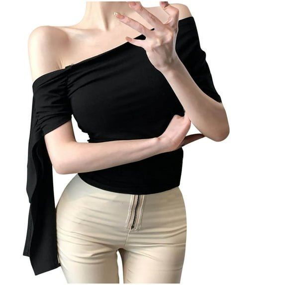 Hvot&aat Fashion Women's Ruched Off One Shoulder Tops Y2K Asymmetrical Tie Shoulder Blouse Stretchy Skinny Fit Solid Color T Shirt