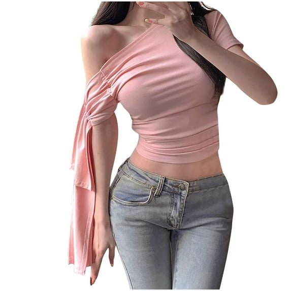 Hvot&aat Fashion Women's Ruched Off One Shoulder Tops Y2K Asymmetrical Tie Shoulder Blouse Stretchy Skinny Fit Solid Color T Shirt