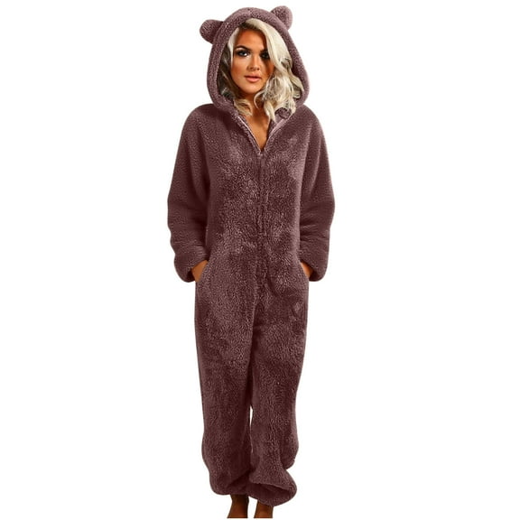 Hvot&aat Fleece Onesie Pajamas for Women Zipper Ear Hat Nightgown Jumpsuit Winter Warm Playsuit Loungewear