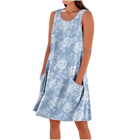 Hvot&aat Floral Print Sundress for Women Crew Neck Sleeveless Tank Dress With Pockets Flowy Boho Classic Tshirt Dress