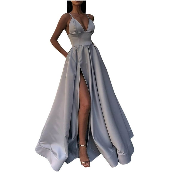 Hvot&aat Formal Maxi Dress for Women Sexy Deep V Neck Spaghetti Strap High Slit Party Floor Length Evening Dresses with Pockets