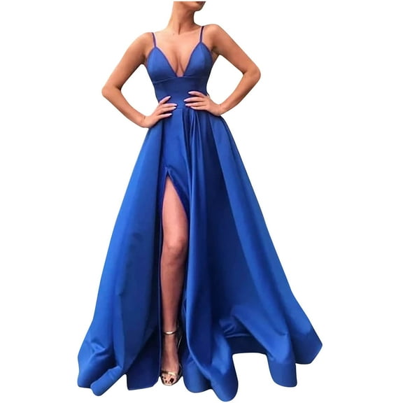 Hvot&aat Formal Maxi Dress for Women Sexy Deep V Neck Spaghetti Strap High Slit Party Floor Length Evening Dresses with Pockets