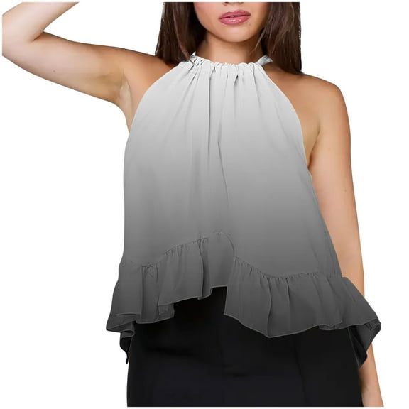 Hvot&aat Gradient Halter Tops for Women Boho Pleated Peplum High Neck Camisole Sleeveless Ruffle Hem Flowy Top